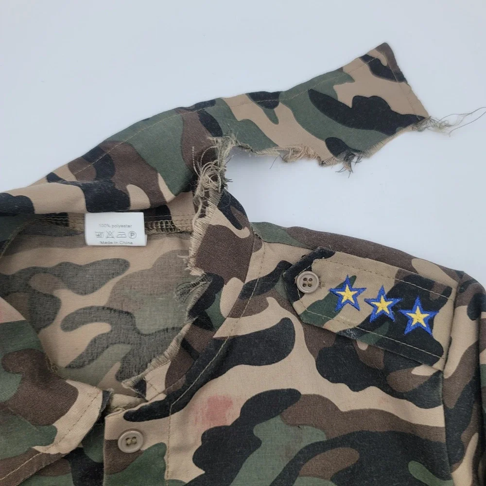 Kids Camo Zombie Army Costume Shirt Tattered Distressed Halloween Top Woodland